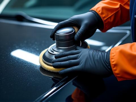 Juru detailing menggunakan mesin polish untuk menghilangkan tanda lingkaran pada cat kereta hitam.