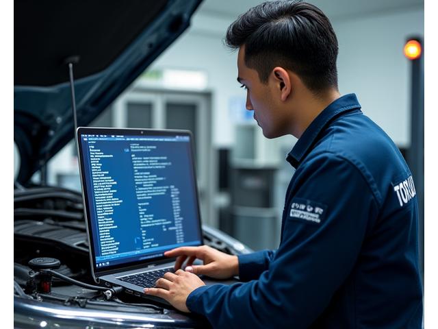 Juruteknik menggunakan alat diagnostik lanjutan pada enjin kereta