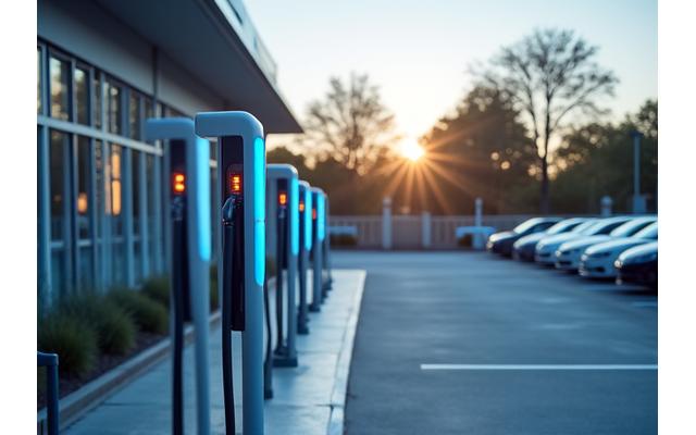Stesen pengecasan EV komersial di tempat letak kereta syarikat.