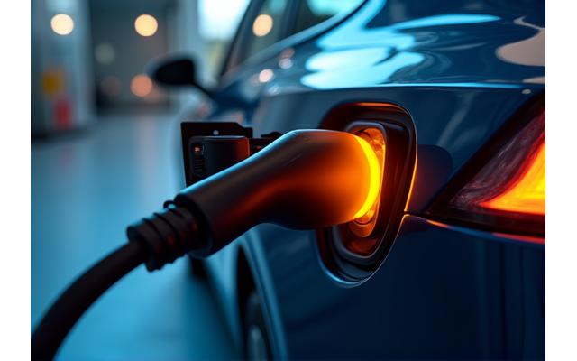 Kenderaan elektrik sedang mengecas di stesen pengecasan pantas.