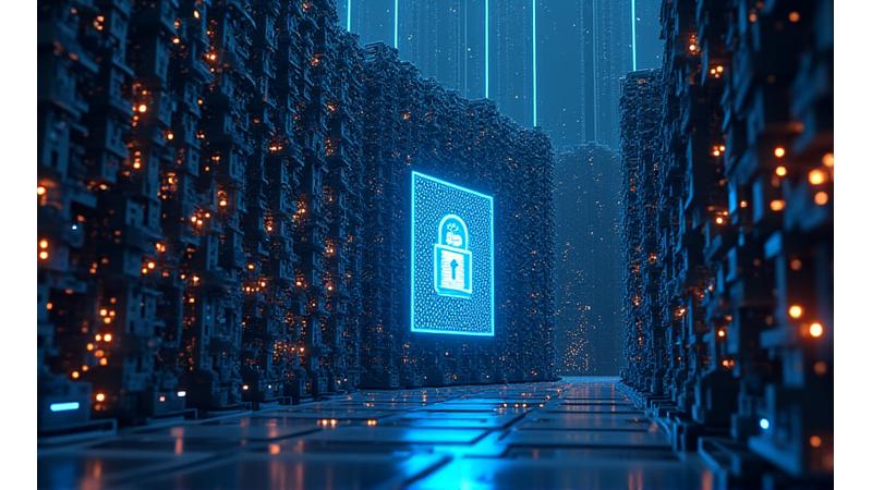 Imej visualisasi abstrak teknologi keselamatan siber: Tembok digital bersinar dengan kunci dan perisai, melindungi rangkaian data yang kompleks.