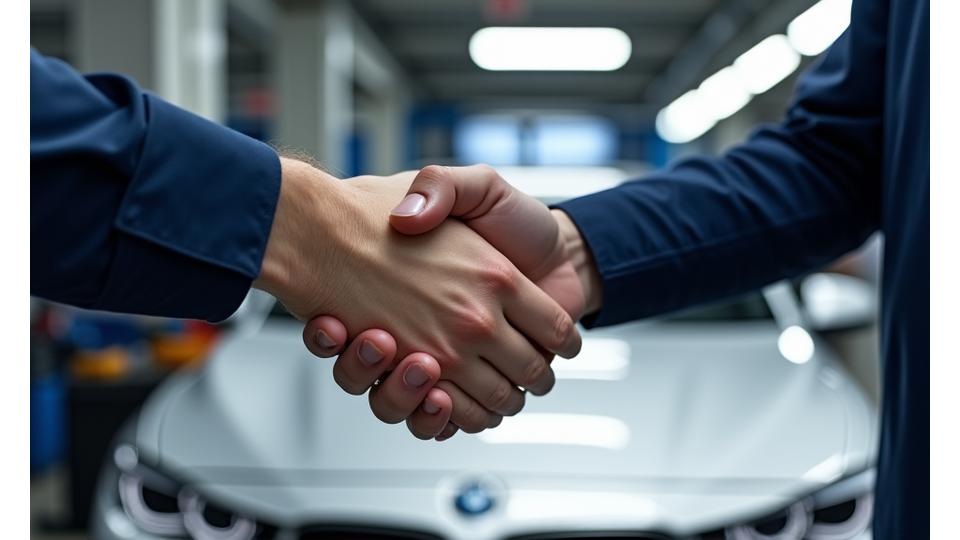 Juru mekanik dan pelanggan berjabat tangan di hadapan kereta, menunjukkan perjanjian perkhidmatan automotif yang adil.